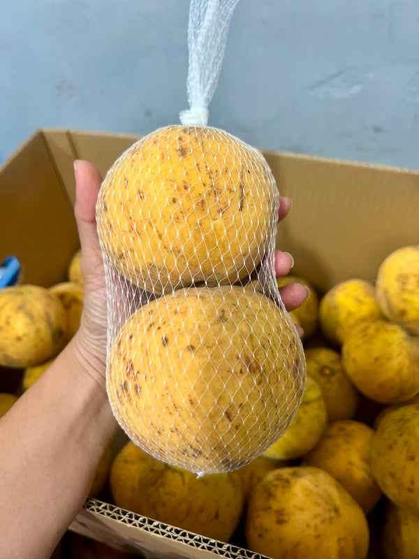Hand holding two fresh Philippine santol in a net bag, with a box of yellow santol in the background, from Island Mango Ireland.